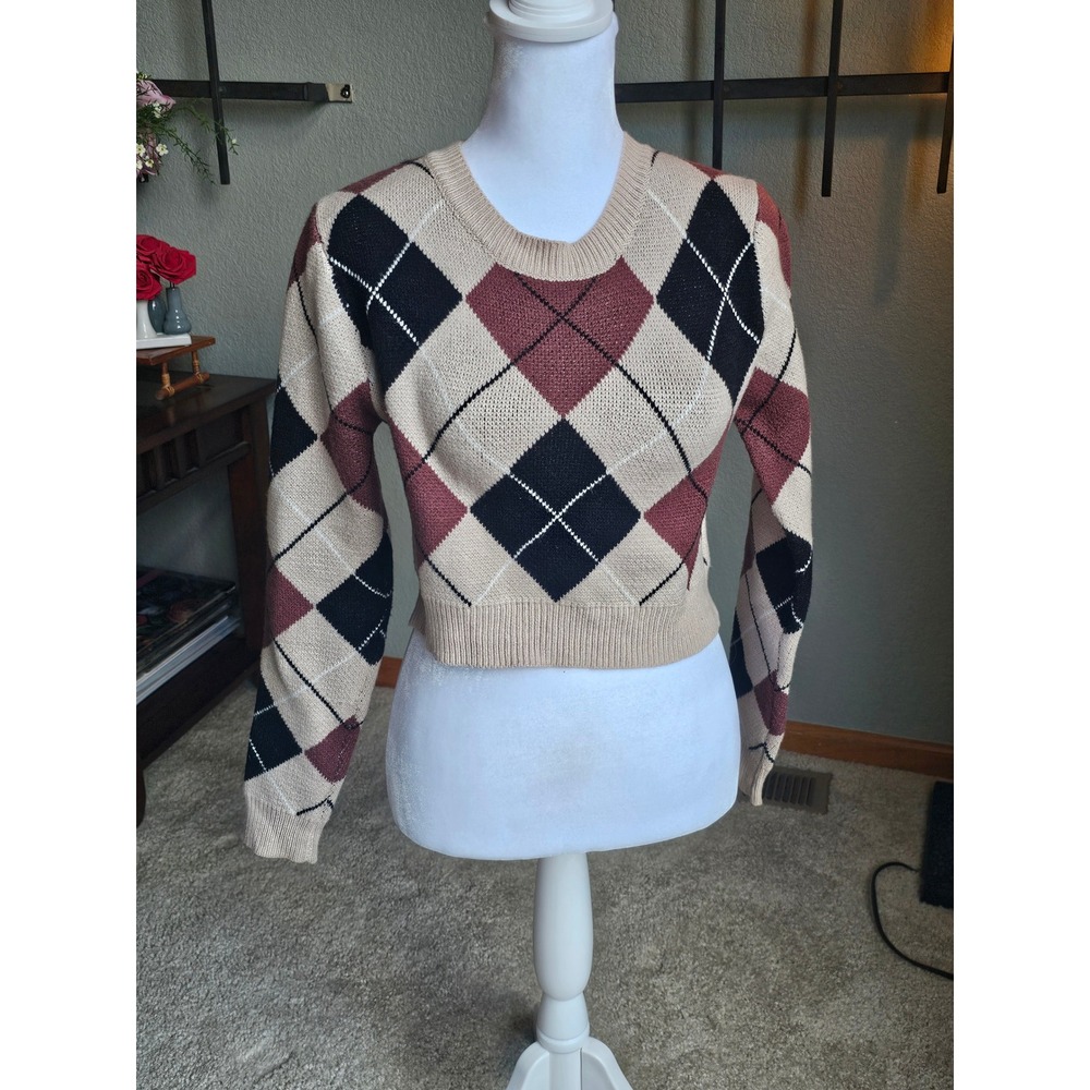Altar'd State Argyle Sweater Womens XS Tan Burgundy Cropped Long Sleeve Knit